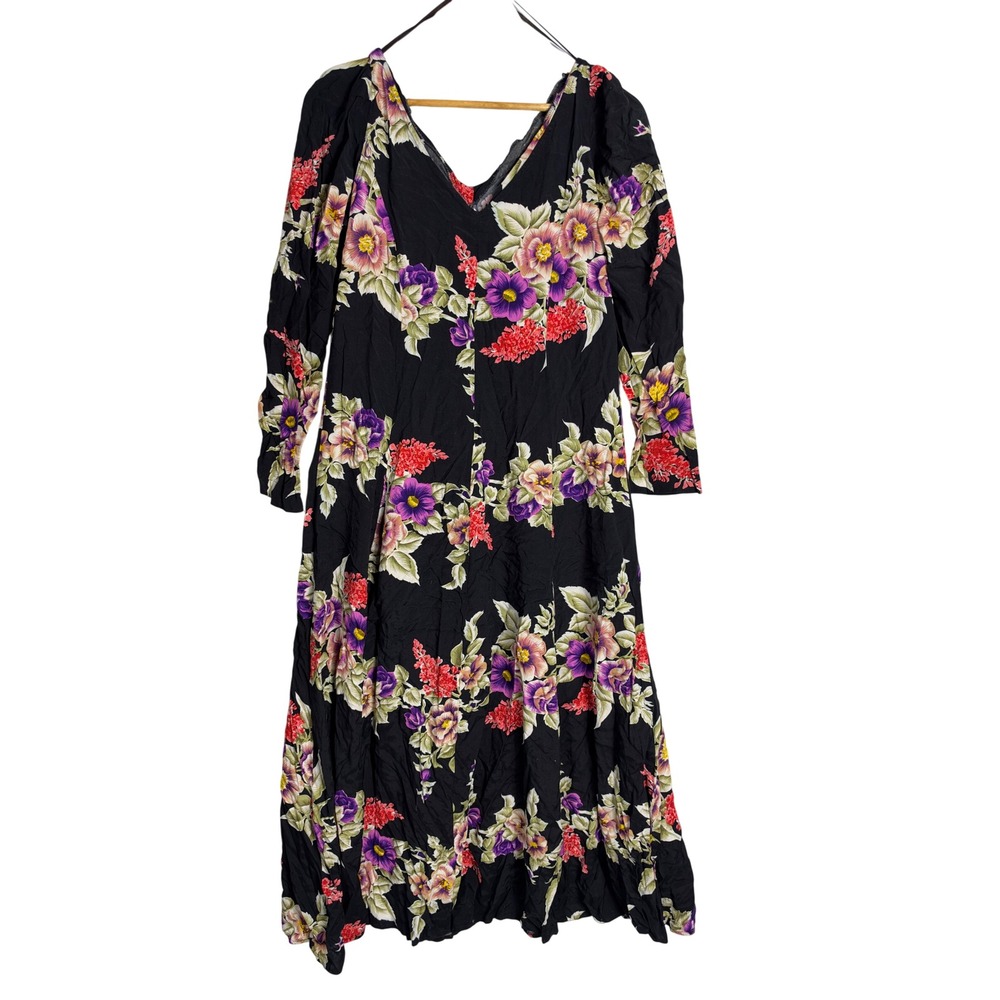 Vintage Express Floral Rayon Maxi Dress Black Long Sleeve V-Neck Tie Back boho